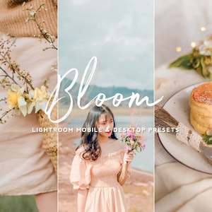 May include: A set of Lightroom mobile and desktop presets called "Bloom" with a light and airy aesthetic. The presets are shown applied to three different images: a woman in a yellow dress holding flowers, a basket of flowers, and a plate of food with flowers.