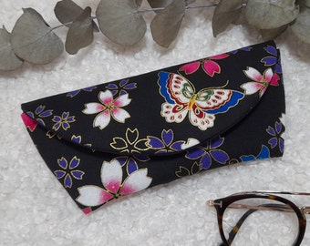 Étui à lunettes, Pochette à lunettes en tissu Japonais fleurs et papillons