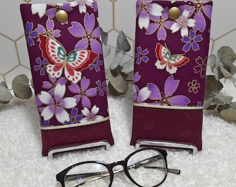 Etui à lunettes en tissu Japonais fleurs et  papillons, Protège lunettes Suédine prune