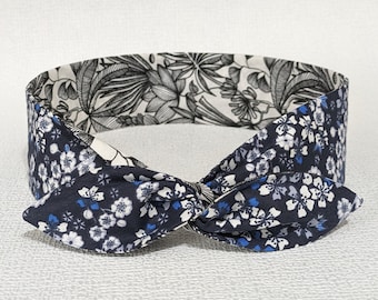 Bandeau cheveux rigide, Headband fil de fer réversible feuilles et fleurs bleu blanc