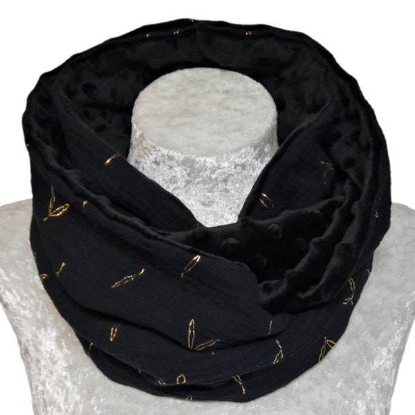 Snood femme ,double tour de cou double gaze noir Feuilles dorés, cache cou polaire Minky