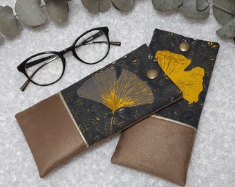 Etui à lunettes  feuille Ginkgo et Suédine beige