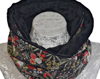 Snood femme double tour de cou, cache cou fleurs harmonie doublée en polaire Minky