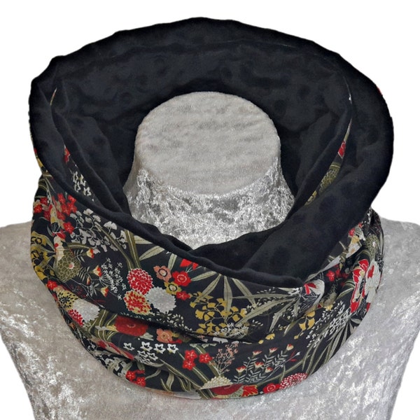 Snood femme double tour de cou, cache cou fleurs harmonie doublée en polaire Minky