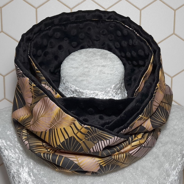 Snood femme double tour de cou Feuilles Art déco doublée en polaire Minky noir