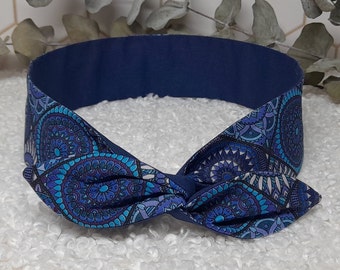 Bandeau cheveux rigide Headband fil de fer réversible Mandalas bleu