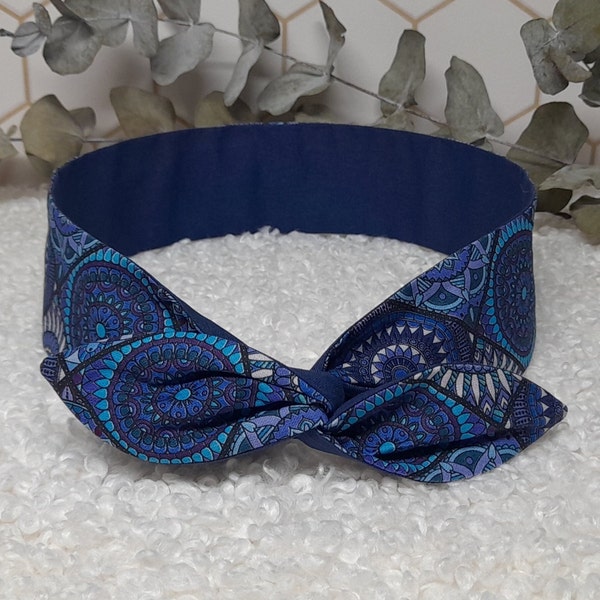 Bandeau cheveux rigide Headband fil de fer réversible Mandalas bleu