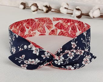 Bandeau Cheveux Rigide Réversible, Headband  Style Japonais Bleu Marine et Feuilles de Nénuphars Rouge Terracota