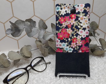 Glasses case in Japanese Sakura lurex navy fabric and black suede