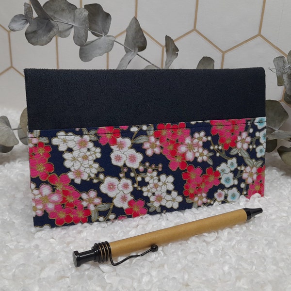 Porte chéquier en tissu japonais Sakura lurex marine et Suédine noir