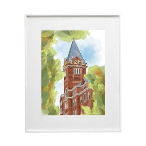 May include: A watercolor painting of a red brick building with a tall tower. The tower has a sign that says "TECH" on it. The building is surrounded by green trees.