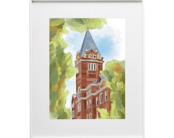 May include: A watercolor painting of a red brick building with a tall tower. The tower has a sign that says "TECH" on it. The building is surrounded by green trees.