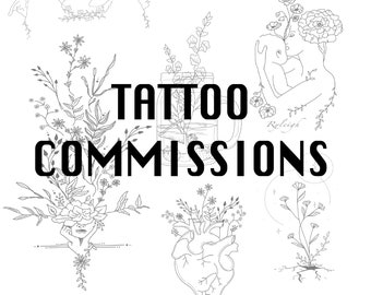 May include: Black and white line art tattoo designs featuring a heart with flowers, a jar with flowers, a woman holding a baby, and a flower growing from cracked ground. The text "TATTOO COMMISSIONS" is in bold black letters.