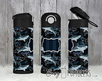 Seamless Sharks 12oz Kids Water Bottle Flip Top Sublimation Straight Tumbler Design Png Full Wrap, Digital Design For Sublimation Blank