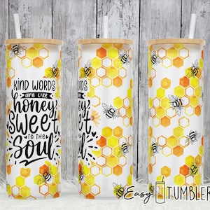 Seamless Watercolor Bee Hives Kind Words Are Like Honey, 25oz Glass Can Sublimation Design Png Full Wrap, Waterslide Design Download