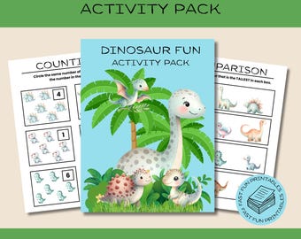May include: A printable activity pack for kids featuring dinosaurs. The cover shows a colorful illustration of a green palm tree with a blue, gray, and white dinosaur. The text "Dinosaur Fun Activity Pack" is written in black letters on a blue background. The pack includes 30 pages of printable fun.