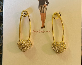 Gold safety pin style heart earrings