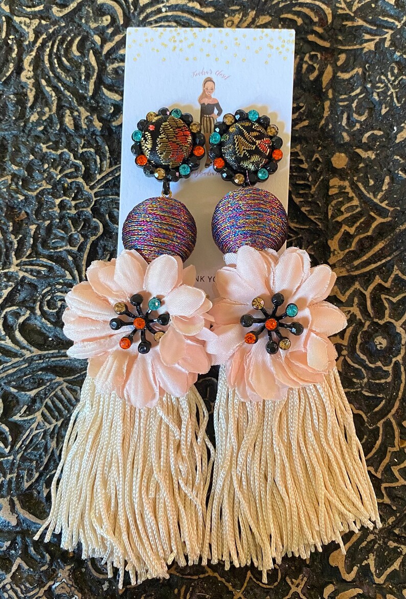 Colorful tassel earrings with flower accent image 2