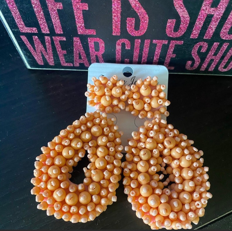 coral, green, pink, peach, or white Beaded boho style statement earrings