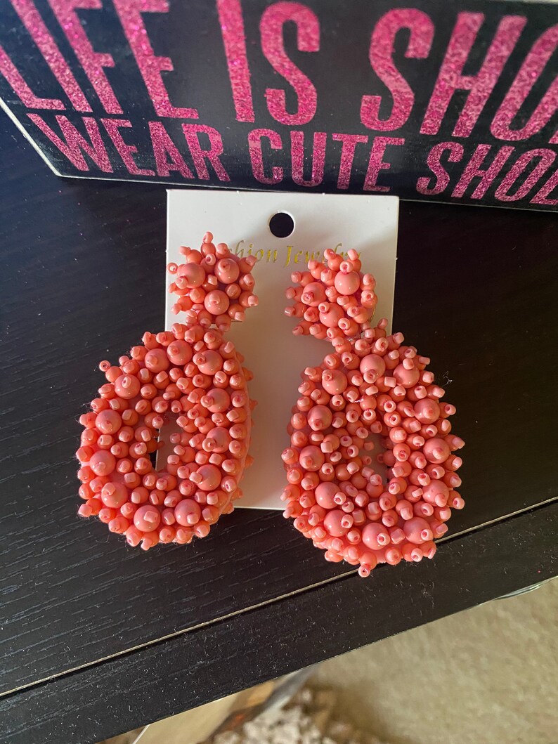 coral, green, pink, peach, or white Beaded boho style statement earrings
