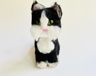 Needle Felted Black and White Cat