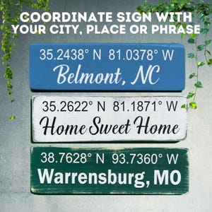 May include: Three wooden signs with white text on a blue, white, and green background. The signs display coordinates and the names of locations: Belmont, NC, Home Sweet Home, and Warrensburg, MO.