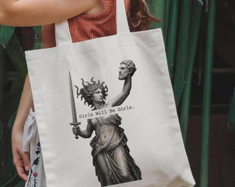 Bolso de mano "Girls Will Be Girls", Medusa con la cabeza de Perseo, bolso feminista, empoderamiento femenino, bolso feminista, regalo para ella.