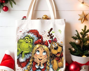 Bolsa de Navidad retro Grinc, bolsa de Navidad con personajes, bolsa de Feliz Grinchmas, bolsa de hombre malo verde con amigos, regalo para un amigo