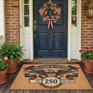 May include: A front porch decorated with patriotic themes. A doormat with the text "250 Years of Freedom" and an eagle emblem is visible. The door has a wreath of American flags. Potted plants and flags add to the display.