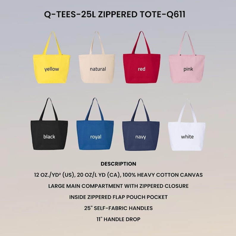 Puede incluir: Ocho bolsas tote con cremallera en varios colores: amarillo, natural, rojo, rosa, negro, azul real, azul marino y blanco. Cada bolsa tiene un compartimento principal grande, un cierre de cremallera y un bolsillo interior con solapa con cremallera. Asas de 63,5 cm.