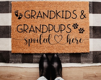 Grandkids and Grandpups Spoiled Here Doormat for Grandma Welcome Mat for Grandparents Gifts for Christmas Mothers Day Gifts for Nana, Mimi