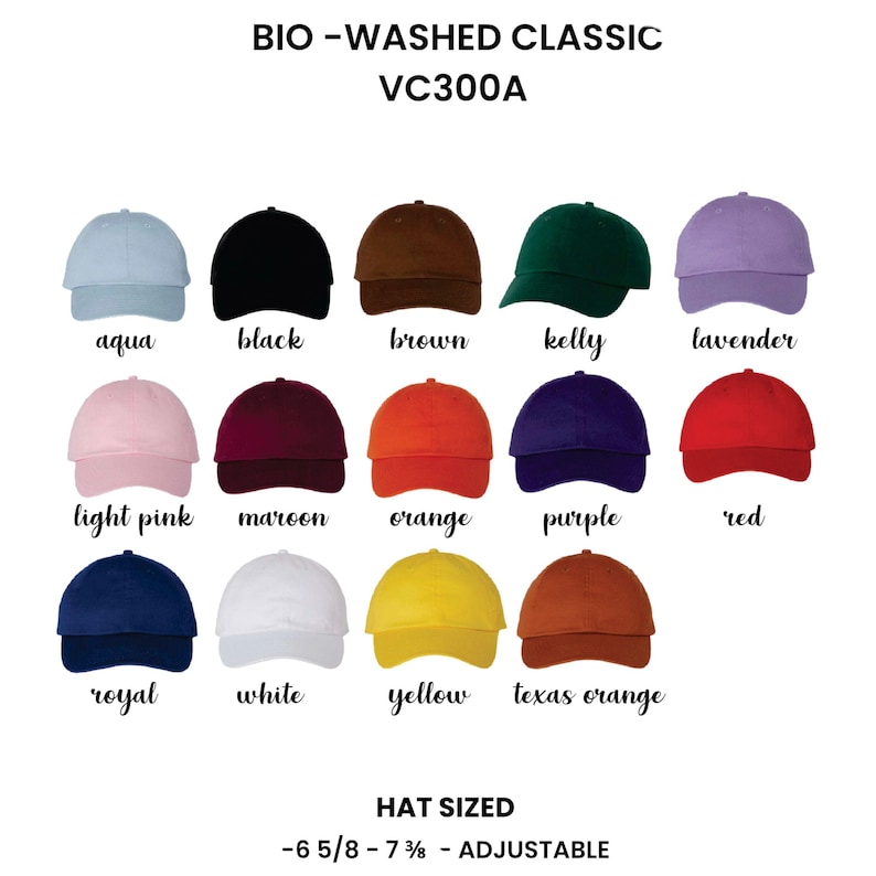 May include: A collection of baseball caps in various colors, including aqua, black, brown, kelly green, and lavender. The hats are labeled with their respective colors and are adjustable, with a size range of 6 5/8 to 7 3/8.