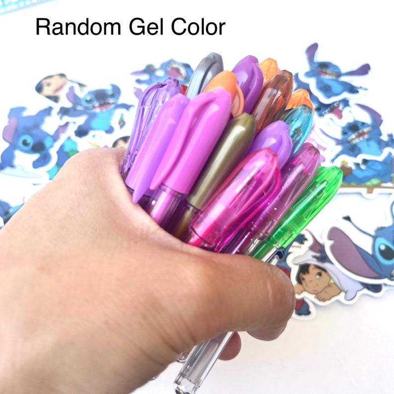 May include: A bundle of gel pens in various colors, including pink, purple, green, and gold, held in a hand. The pens have clear barrels and are labeled "Random Gel Color".