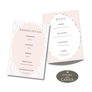 May include: Two pink wedding stationery cards with floral accents. One card lists wedding details, including ceremony, cocktail, and dinner times. The other card displays a menu with starter, first course, main course, and dessert options. The cards are labeled "Editable with Canva."