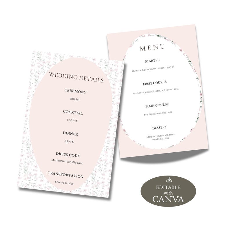 May include: Two pink wedding stationery cards with floral accents. One card lists wedding details, including ceremony, cocktail, and dinner times. The other card displays a menu with starter, first course, main course, and dessert options. The cards are labeled "Editable with Canva."