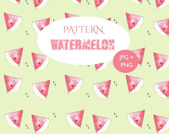 Hand drawn watermelon pattern with watercolor technique, ideal for scrapbooking backgrounds, wallpaper, cushions. Customizable