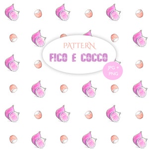 Pattern fico e cocco disegnato a mano con tecnica acquerello, ideali per sfondi scrapbooking, carta da parati, cuscini. Personalizzabile