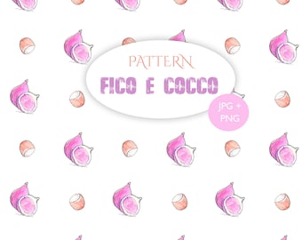 Fig and coconut pattern hand drawn with watercolor technique, ideal for scrapbooking backgrounds, wallpaper, cushions. Customizable