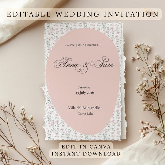 Editable Wedding Invitation Template Canva, Blush Floral Invite Suite, Elegant Minimal Wedding Invitation, RSVP Details Card, Download