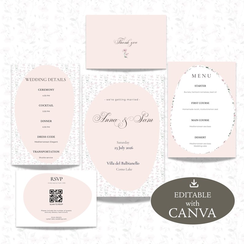 May include: A collection of wedding stationery in soft pink and white. Includes a wedding invitation, RSVP card, menu, thank you card, and details card. The invitation features the names "Anna & Sam" and the date, July 23, 2026.