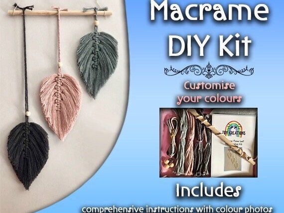 Macrame DIY Kit for Macrame Feathers in Dark Grey / Mustard / Light Grey