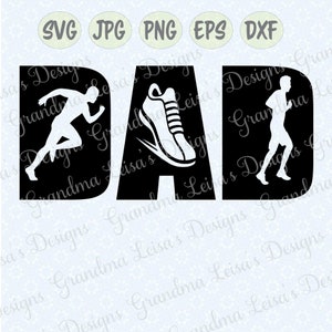 Könnte beinhalten: Schwarz-weißes Silhouettendesign des Wortes "DAD" mit einer laufenden Figur links und einem Laufschuh rechts.