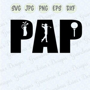 May include: Black and white silhouette design of the word "PAP" with a golfer in the "A" and a golf ball and tee in the "P".