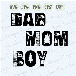 Camping papa, moeder & jongen bundel - svg, png, jpg, dxf, eps, cricut, silhouette studio gesneden bestand vinyl sticker, t-shirt ontwerp, stencil sjabloon