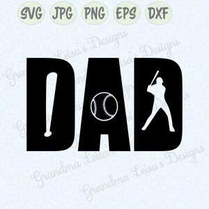 May include: Black and white silhouette design of the word "DAD" with a baseball bat, baseball, and a baseball player.
