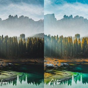 May include: A before and after image demonstrating the impact of a photo filter. The before image depicts a misty mountain range with a forest in the foreground and a lake reflecting the mountains. The after image shows the same scene with a warmer colour tone and more vibrant colours.