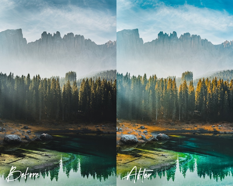 May include: A before and after image demonstrating the impact of a photo filter. The before image depicts a misty mountain range with a forest in the foreground and a lake reflecting the mountains. The after image shows the same scene with a warmer colour tone and more vibrant colours.