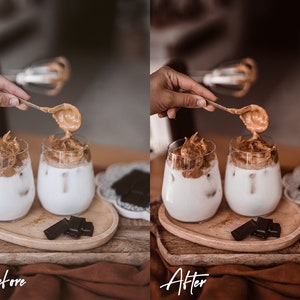以下が含まれることがあります： ホイップクリームをトッピングしたアイスコーヒーが2杯、ホイップクリームを載せたスプーン、チョコレートの四角形が木製のトレイに乗っています。コーヒーは薄い茶色で、ホイップクリームは濃い茶色です。チョコレートの四角形は濃い茶色です。