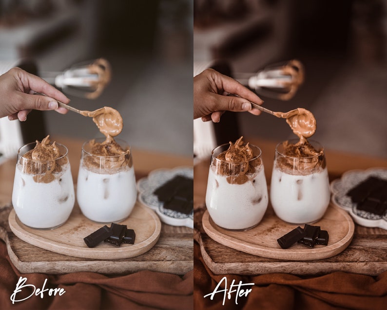 以下が含まれることがあります： ホイップクリームをトッピングしたアイスコーヒーが2杯、ホイップクリームを載せたスプーン、チョコレートの四角形が木製のトレイに乗っています。コーヒーは薄い茶色で、ホイップクリームは濃い茶色です。チョコレートの四角形は濃い茶色です。