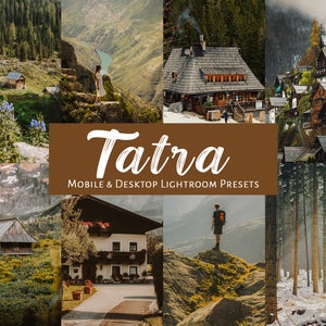 以下が含まれることがあります： タトラ山脈の美しさを示す画像のコラージュ。画像には、森、山、湖など、さまざまな風景が映し出されています。コラージュの中央には、「Tatra Mobile & Desktop Lightroom Presets」というテキストが表示されています。